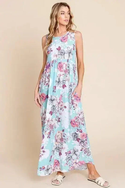 BOMBOM Floral Round Neck Sleeveless Maxi Dress with Pockets