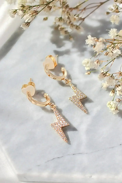 Lightning Bolt Earrings - 24K Gold CZ Studs | Femstylo