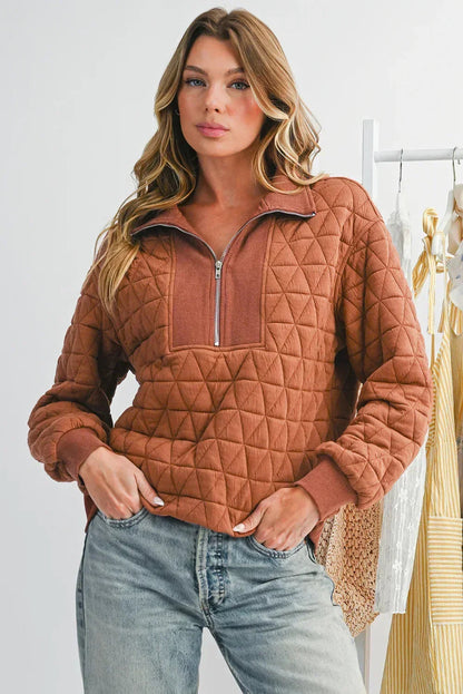 Brown Textured Zipper Neck Long Sleeve Pullover Sweatshirt - Femstylo