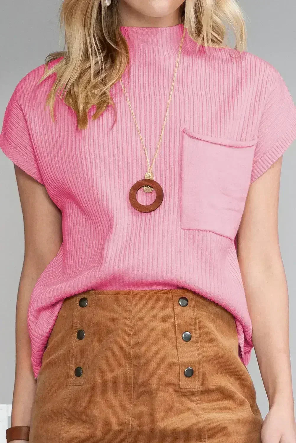 Mineral Red Patch Pocket Ribbed Knit Short Sleeve Sweater