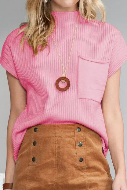 Mineral Red Patch Pocket Ribbed Knit Short Sleeve Sweater
