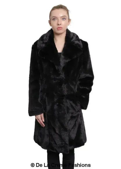 De La Creme - Womens Faux Fur Large Lapel Mid Length Coat