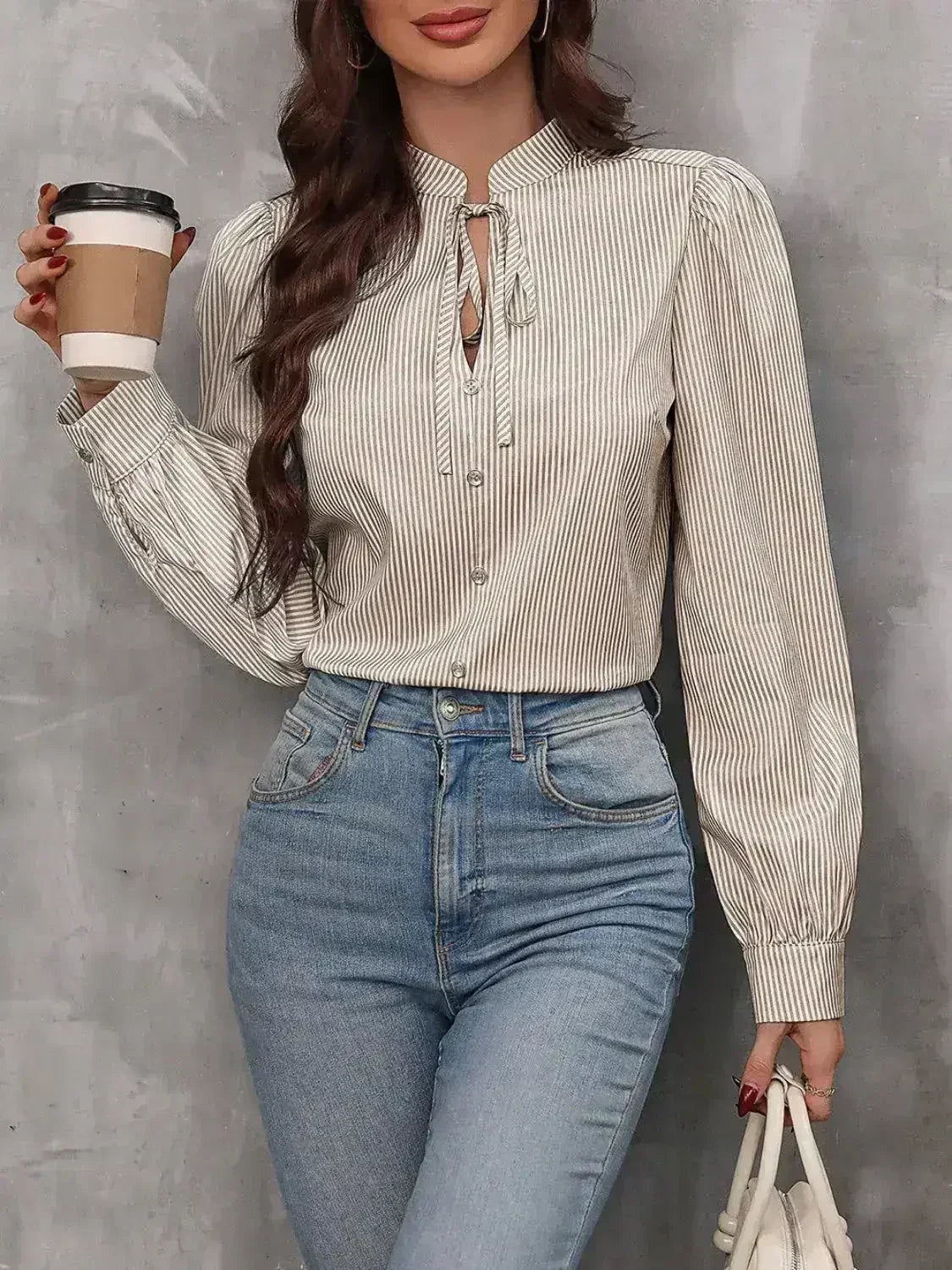 Striped Tie Neck Long Sleeve Blouse – Femstylo