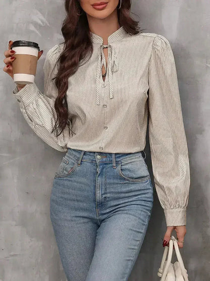 Striped Tie Neck Long Sleeve Blouse – Femstylo