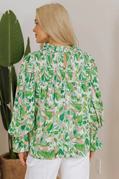 Leaf Print Flounce Sleeve Blouse - Botanical Top | Femstylo