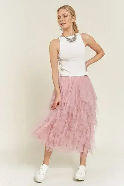 PLUS LAYER POLKA DOT MESH LINED A-LINE MIDI SKIRT