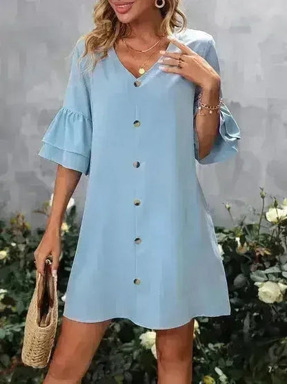 V-Neck Mini Dress – Ruffled Detail & Decorative Buttons
