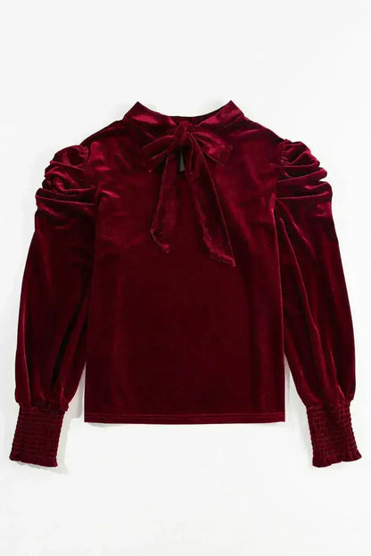 Fiery Red Velvet Blouse - Mock Neck & Puff Sleeves | Femstylo