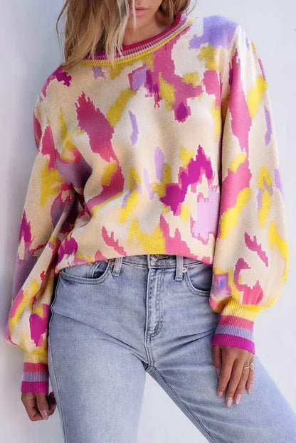 Abstract Balloon Sleeve Sweater - Colorblock Knit | Femstylo