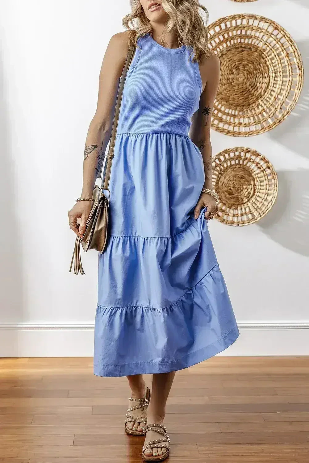 Sepia Rose Ribbed Vest Patchwork Tiered Midi Dress