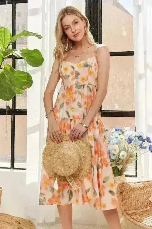 ADORA Floral Smocked Back Dress – Adjustable Strap Midi