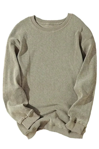 Green Ribbed Knit Sweatshirt - Round Neck Pullover | Femstylo