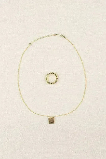 Gold Twisted Ring & Square Pendant Necklace Set - Nickel-Free
