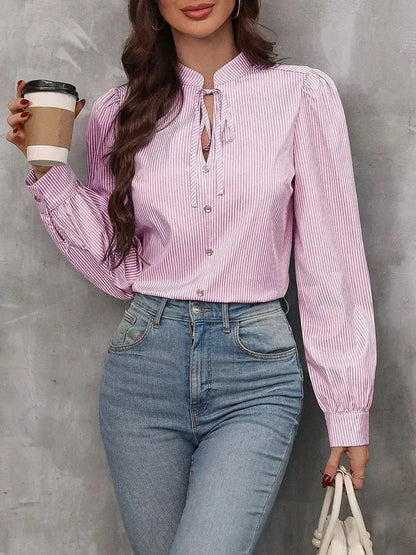 Striped Tie Neck Long Sleeve Blouse – Femstylo