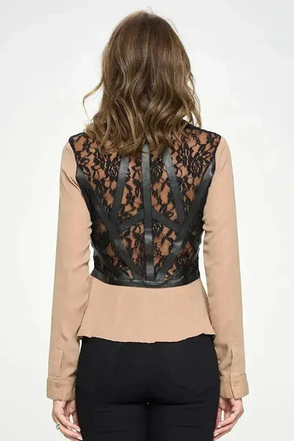 Chic Vegan Leather Peplum Blouse - Color Block Sheer Lace Top | Femstylo