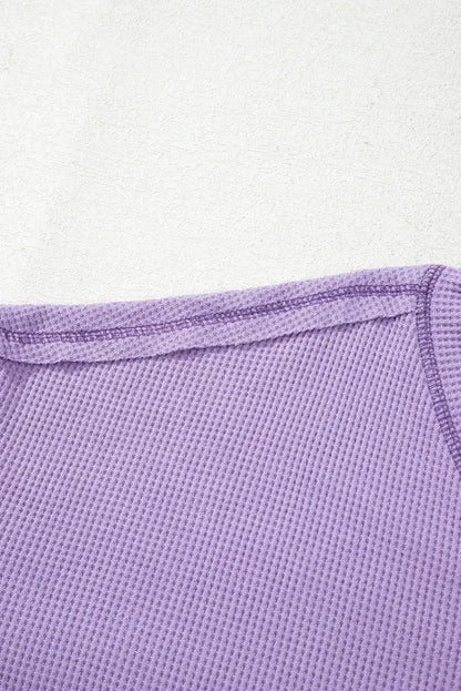 Blue Exposed Seam Drop Sleeve V Neck Waffle Textured Top