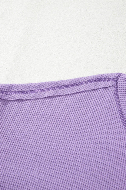 Blue Exposed Seam Drop Sleeve V Neck Waffle Textured Top
