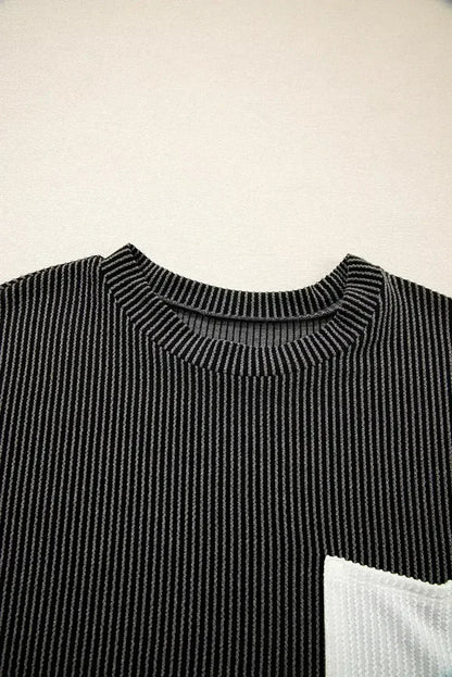 Pink Corded Colorblock Pocket Crew Neck T Shirt