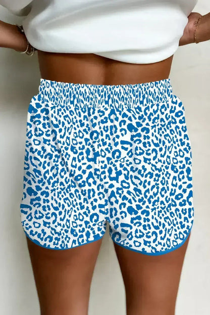 Blue Leopard Elastic Waist Lace up Contrast Trim Casual Shorts