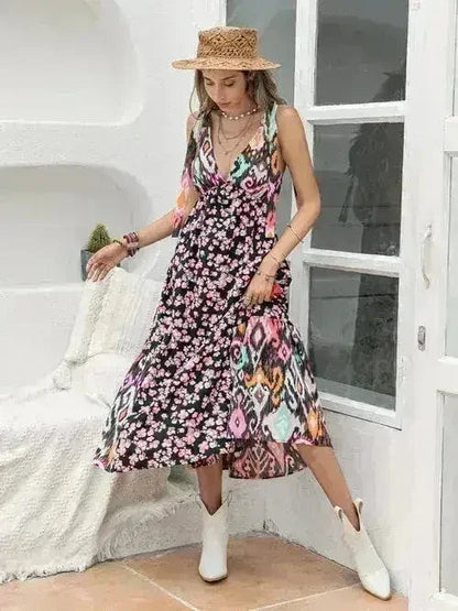Printed Plunge Midi Dress | Sleeveless Tied Waist | Polyester