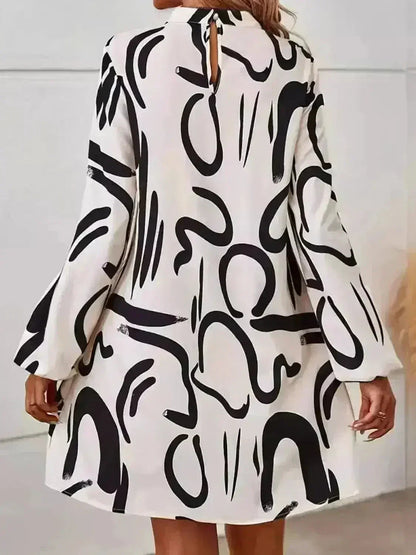 Printed Mock Neck Long Sleeve Mini Dress