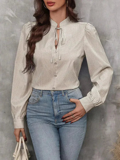 Striped Tie Neck Long Sleeve Blouse – Femstylo