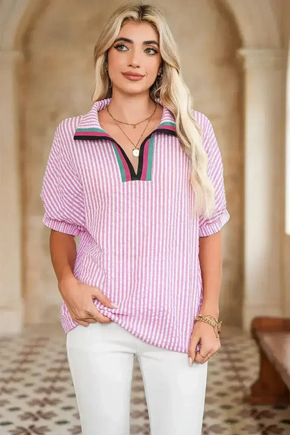 Sachet Pink Striped Dolman Sleeve Color Neckline Blouse | Femstylo