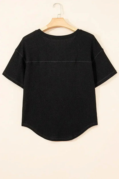 White Waffle Texture V Neck Drop Shoulder Loose Tee