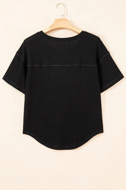 White Waffle Texture V Neck Drop Shoulder Loose Tee