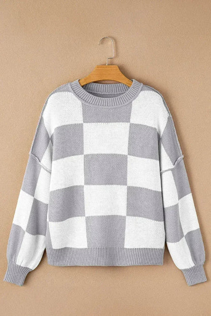 Green Checkered Bishop Sleeve Pullover Sweater