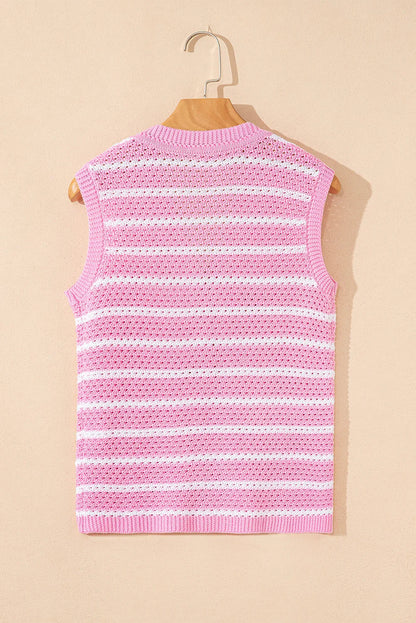 Sky Blue Striped V Neck Button Knit Vest