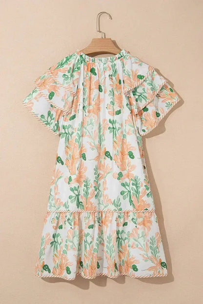 Sky Blue Floral Contrast Edge Ruffle Sleeve Tie Neck Mini Dress