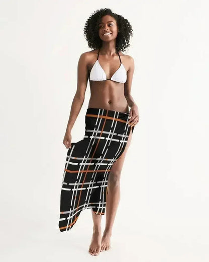 Sheer Sarong Swimsuit Cover Up Wrap / Black and Orange Plaid