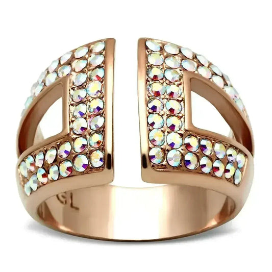 GL222 IP Rose Gold Brass Ring – Aurora Borealis Crystal Statement Piece