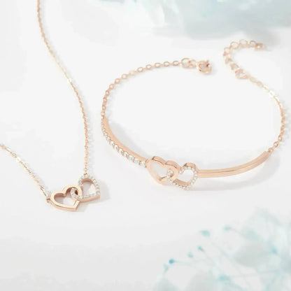 Double Heart Linked Necklace, Silver Heart Pendant Necklace, Stone