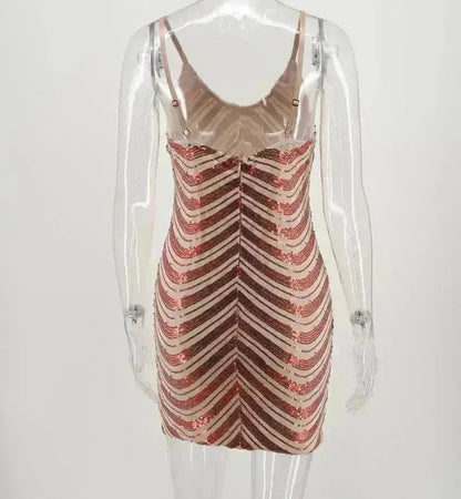 Sequin dress stretch sequin skirt open back beaded spaghetti strap