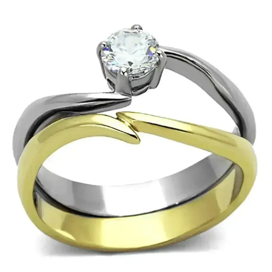 TK1092 - Two-Tone IP Gold (Ion Plating) Stainless Steel Ring with AAA