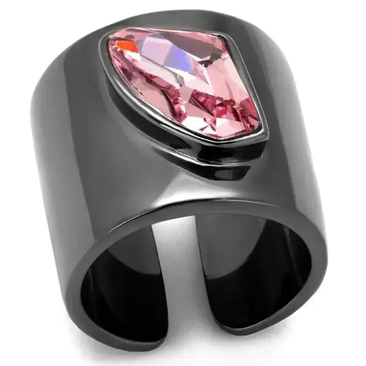 TK2829 - IP Gun Black Stainless Steel Ring with Rose Crystal