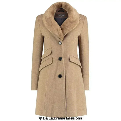 Wool Blend Faux Fur Collar Midi Coat